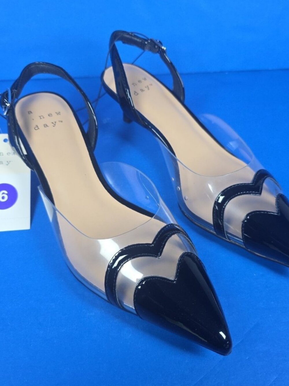 A New Day Shoes Women Black Clear Pointed Toe Heel Eleanor Heart Detail Size 6